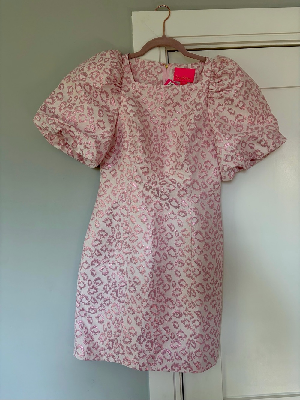 Lilly Pulitzer Pink Leopard Jacquard Puff-Sleeve Mini Dress